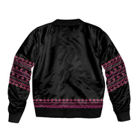 Unisex black bomber jacket with pink embroidered back yoke and hem band