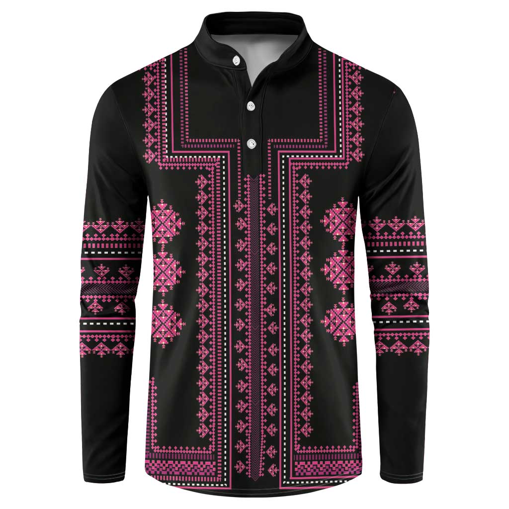Black button-front sweatshirt with pink geometric folk pattern and long sleeves.