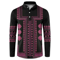 Black button-front sweatshirt with pink geometric folk pattern and long sleeves.