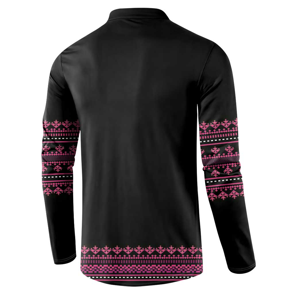 Black button-front sweatshirt back with pink geometric band print on sleeves and hem.