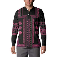 Black long-sleeve sweatshirt with pink embroidered-style cross panel and button placket.