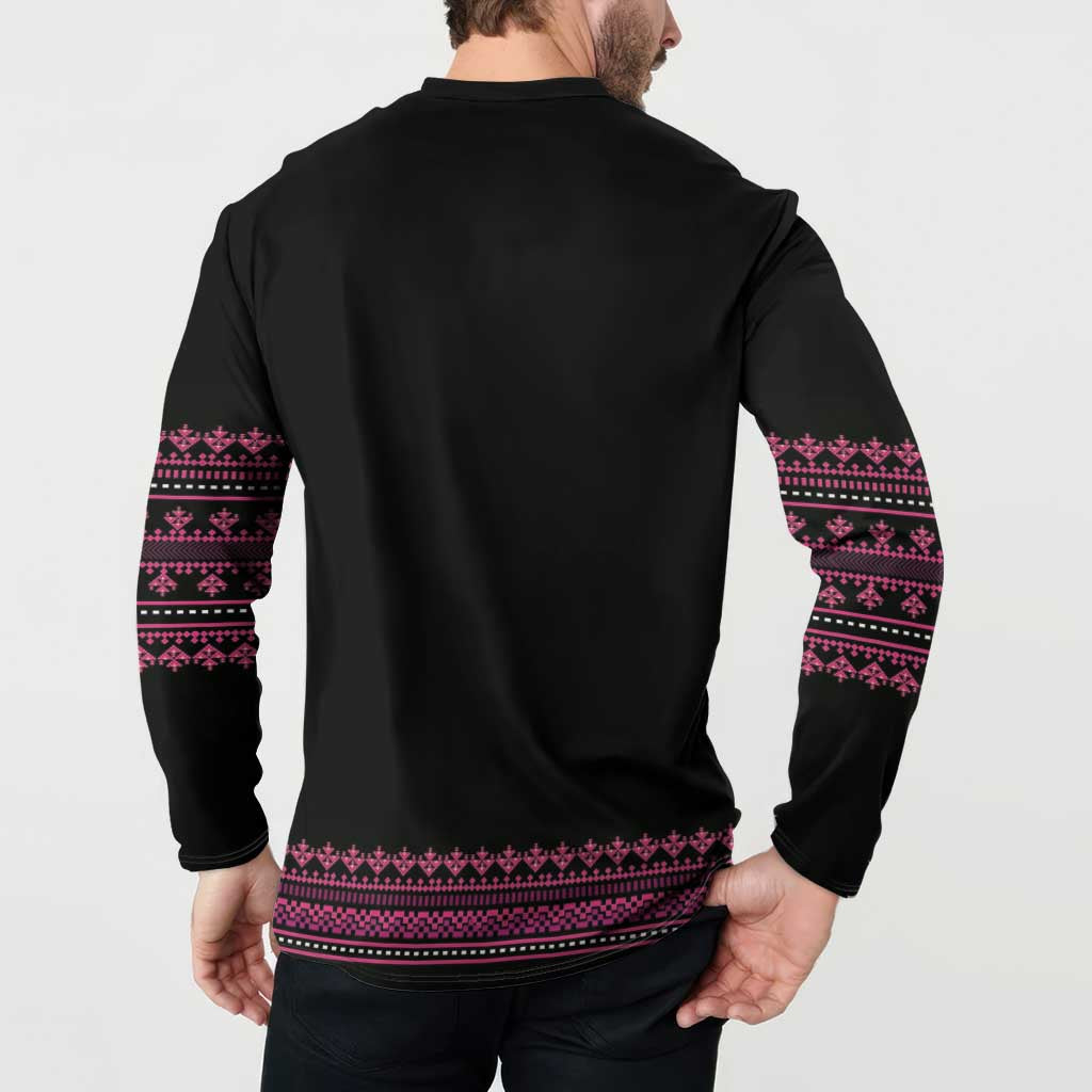 Black sweatshirt back view with pink folk stripe bands at cuffs and lower hem.