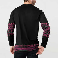 Black sweatshirt back view with pink folk stripe bands at cuffs and lower hem.