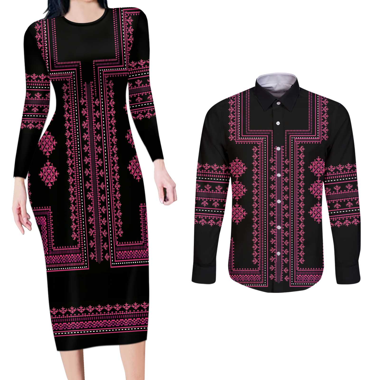 Bulgaria Traditional Pattern Pink Couples Matching Long Sleeve Bodycon Dress and Long Sleeve Button Shirt Balkan Culture - Wonder Print Shop