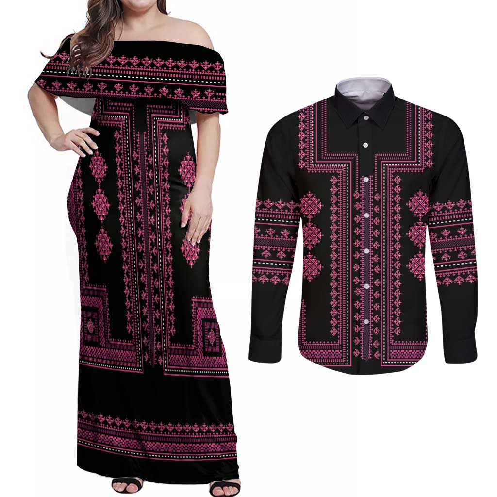 Bulgaria Traditional Pattern Pink Couples Matching Off Shoulder Maxi Dress and Long Sleeve Button Shirt Balkan Culture - Wonder Print Shop