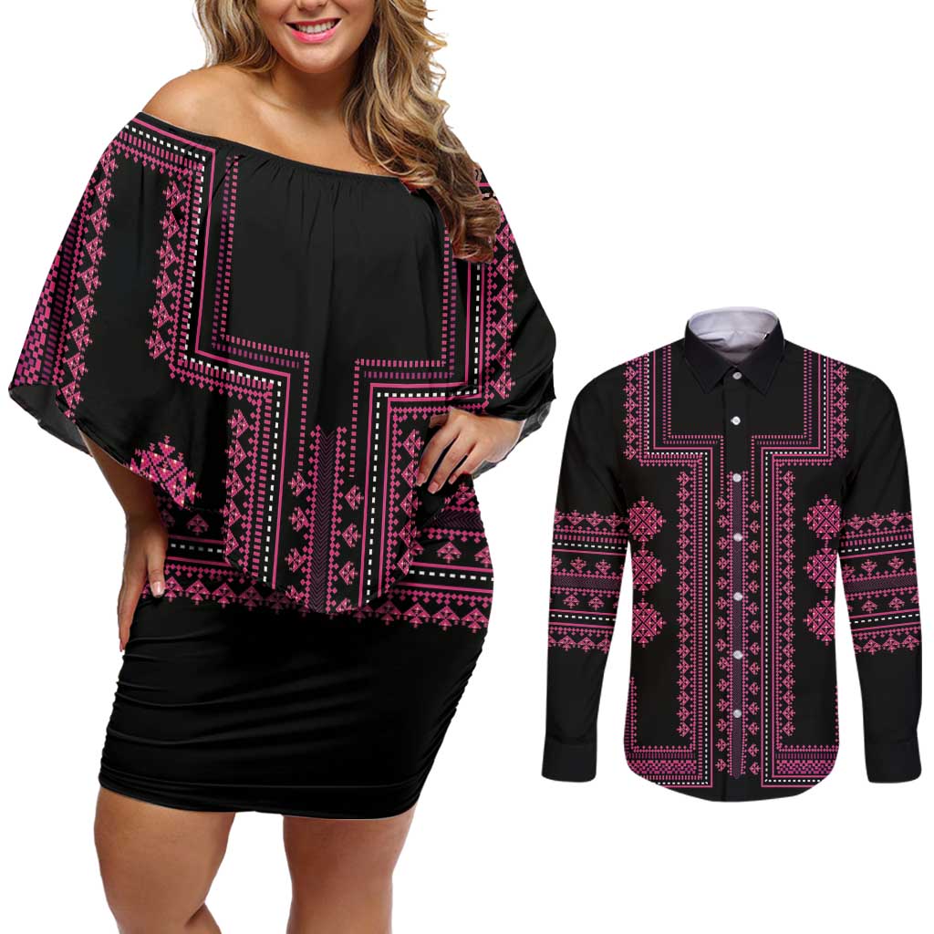 Bulgaria Traditional Pattern Pink Couples Matching Off Shoulder Short Dress and Long Sleeve Button Shirt Balkan Culture - Wonder Print Shop