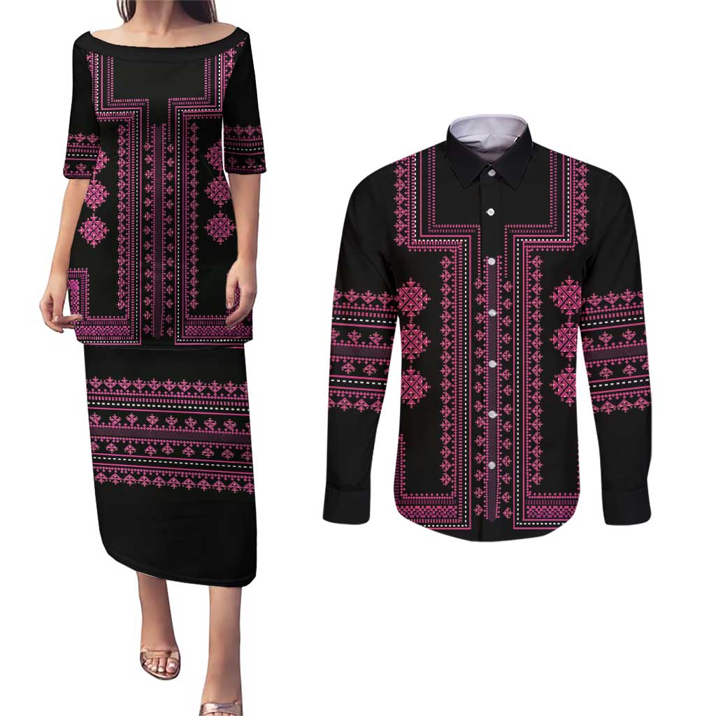 Bulgaria Traditional Pattern Pink Couples Matching Puletasi and Long Sleeve Button Shirt Balkan Culture - Wonder Print Shop