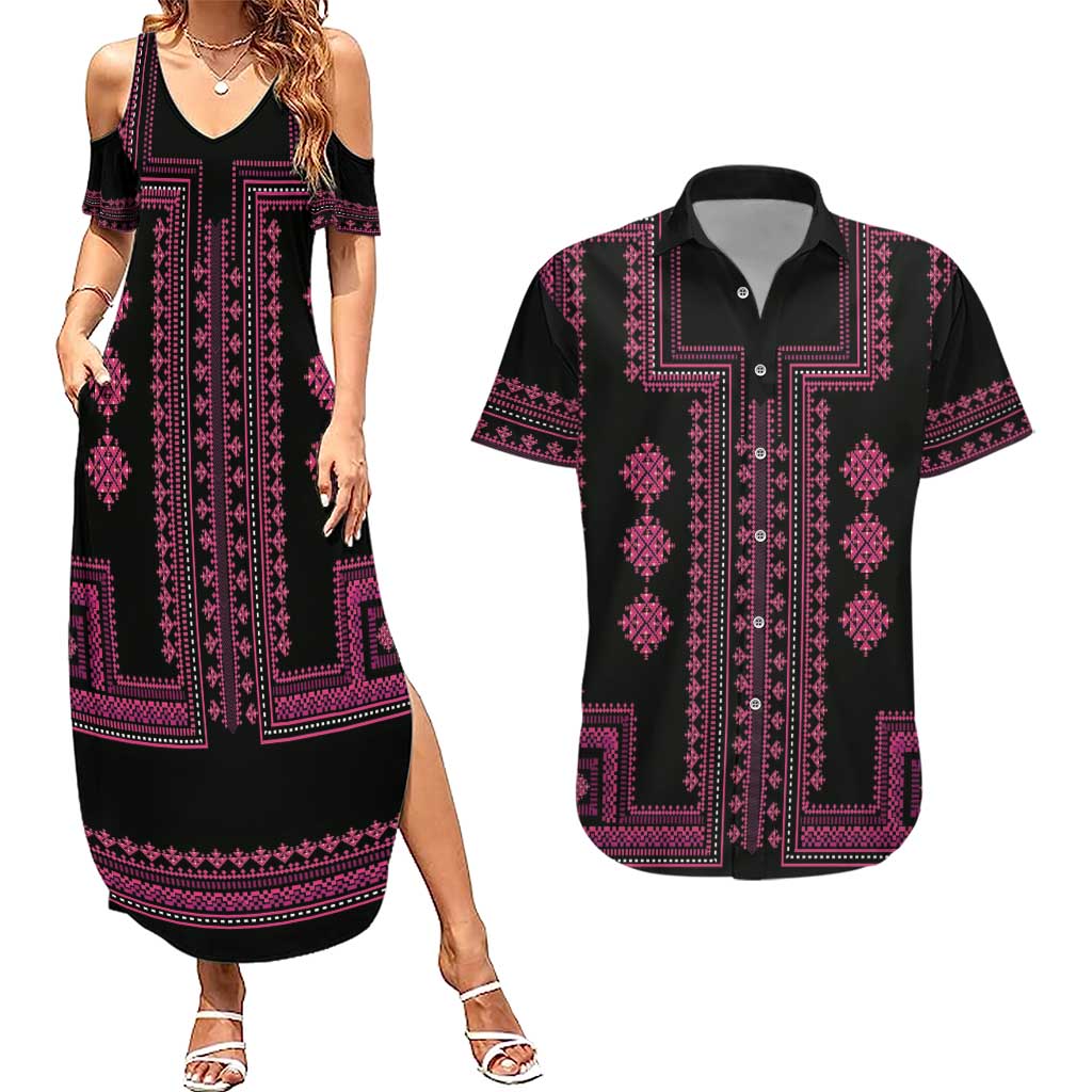 Bulgaria Traditional Pattern Pink Couples Matching Summer Maxi Dress and Hawaiian Shirt Balkan Culture - Wonder Print Shop