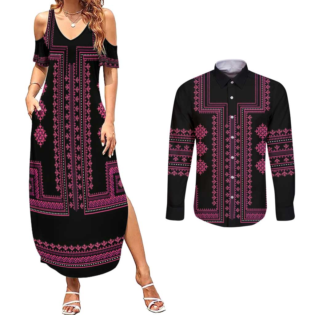 Bulgaria Traditional Pattern Pink Couples Matching Summer Maxi Dress and Long Sleeve Button Shirt Balkan Culture - Wonder Print Shop