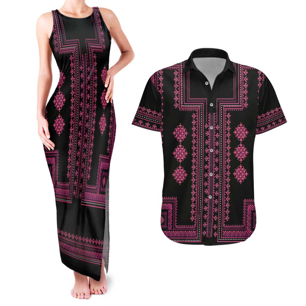 Bulgaria Traditional Pattern Pink Couples Matching Tank Maxi Dress and Hawaiian Shirt Balkan Culture - Wonder Print Shop