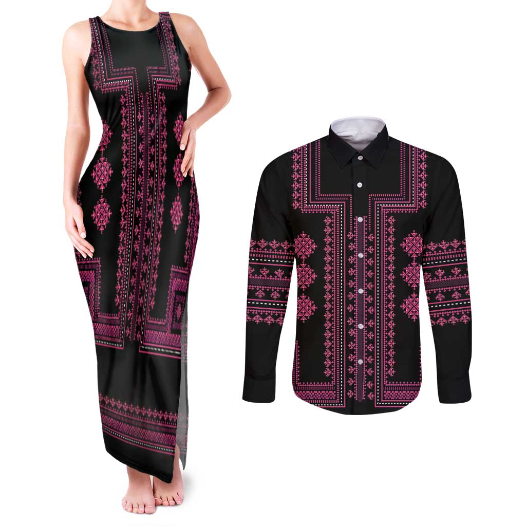 Bulgaria Traditional Pattern Pink Couples Matching Tank Maxi Dress and Long Sleeve Button Shirt Balkan Culture - Wonder Print Shop