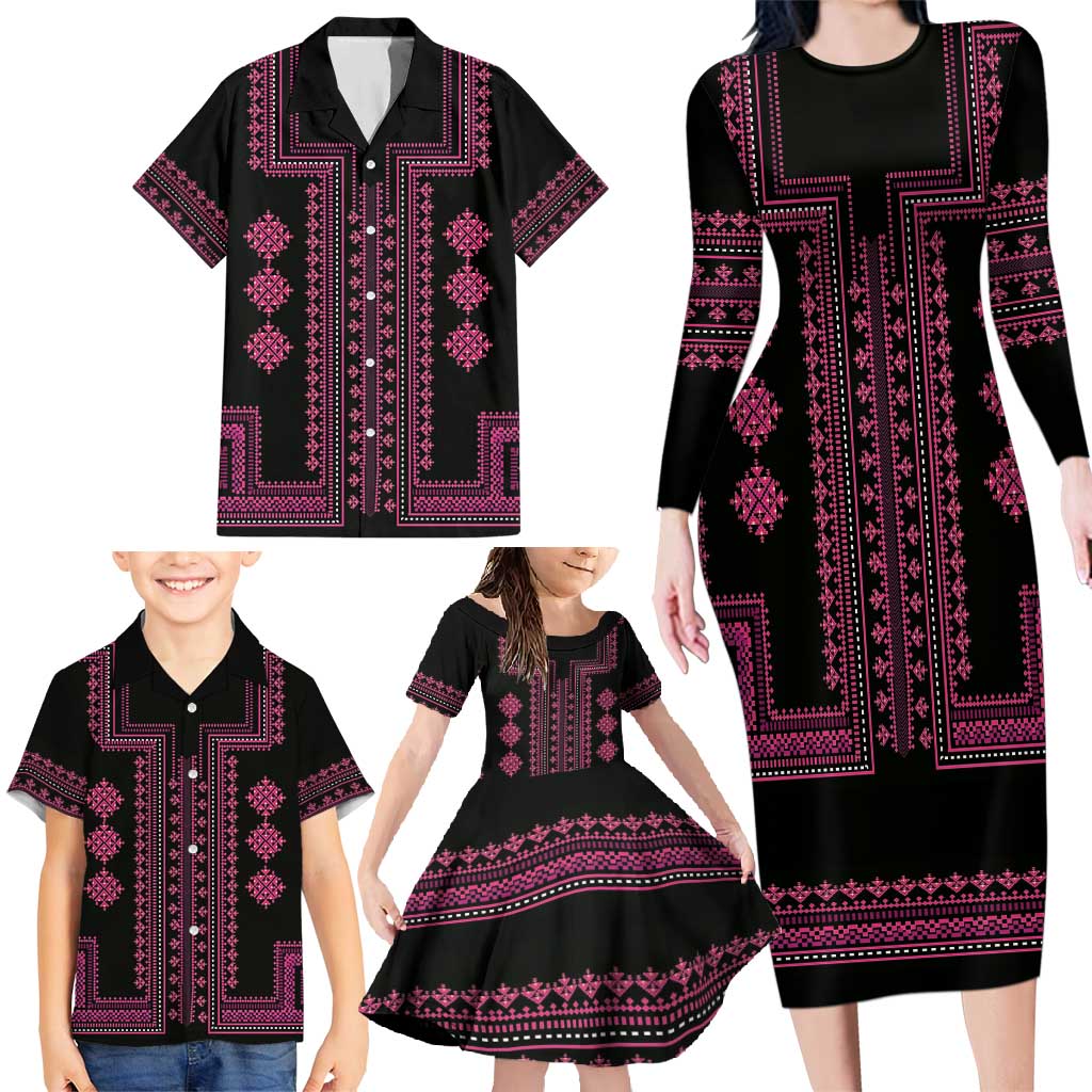 Bulgaria Traditional Pattern Pink Family Matching Long Sleeve Bodycon Dress and Hawaiian Shirt Balkan Culture - Wonder Print Shop