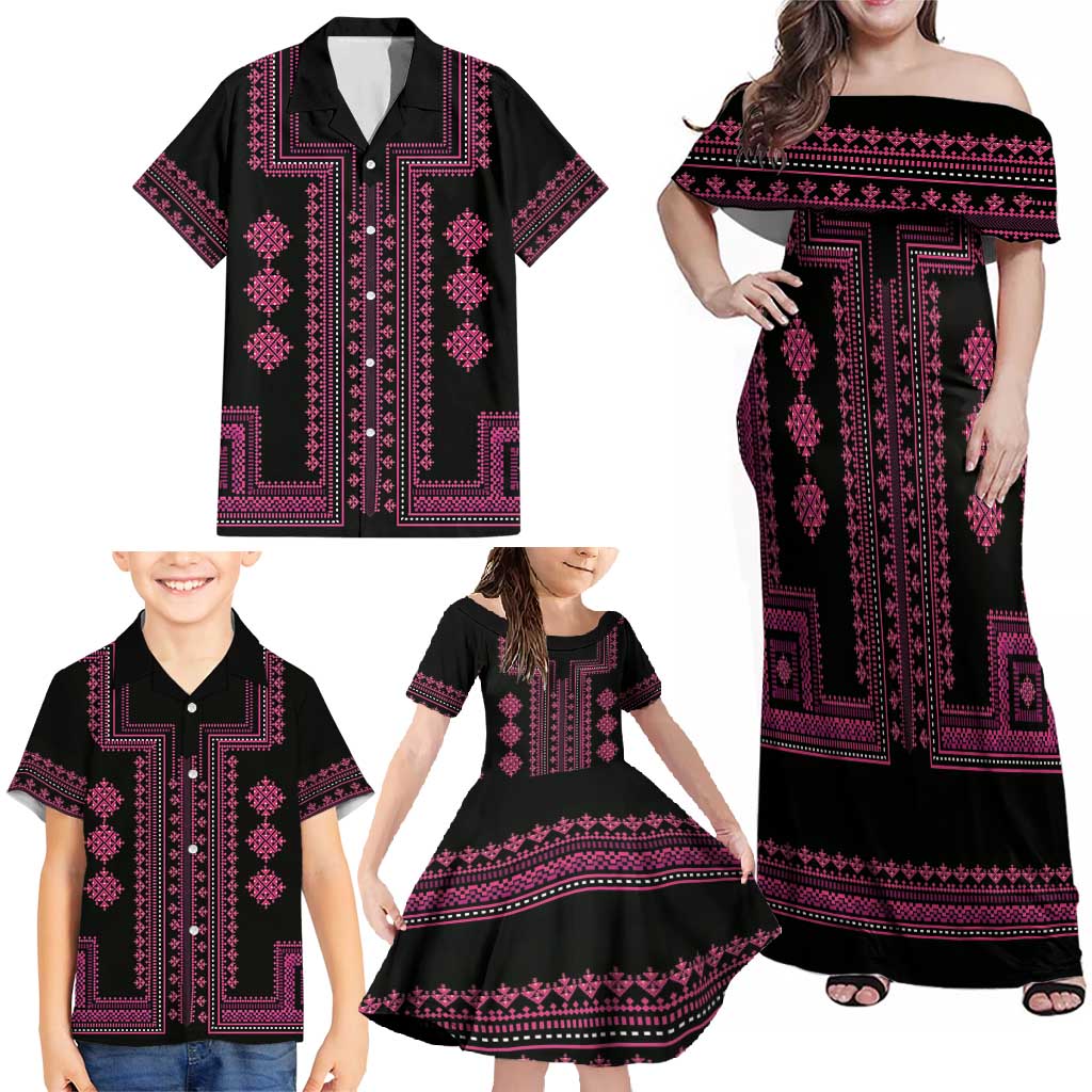 Bulgaria Traditional Pattern Pink Family Matching Off Shoulder Maxi Dress and Hawaiian Shirt Balkan Culture - Wonder Print Shop