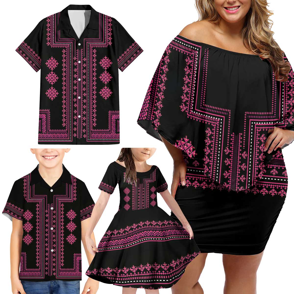 Bulgaria Traditional Pattern Pink Family Matching Off Shoulder Short Dress and Hawaiian Shirt Balkan Culture - Wonder Print Shop