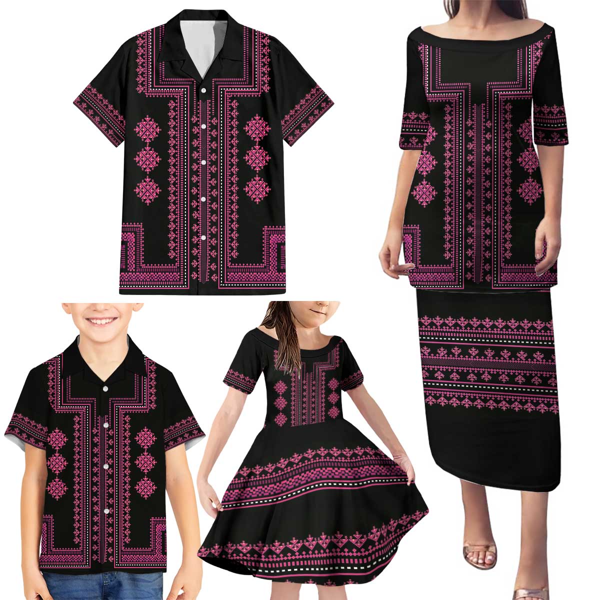 Bulgaria Traditional Pattern Pink Family Matching Puletasi and Hawaiian Shirt Balkan Culture - Wonder Print Shop