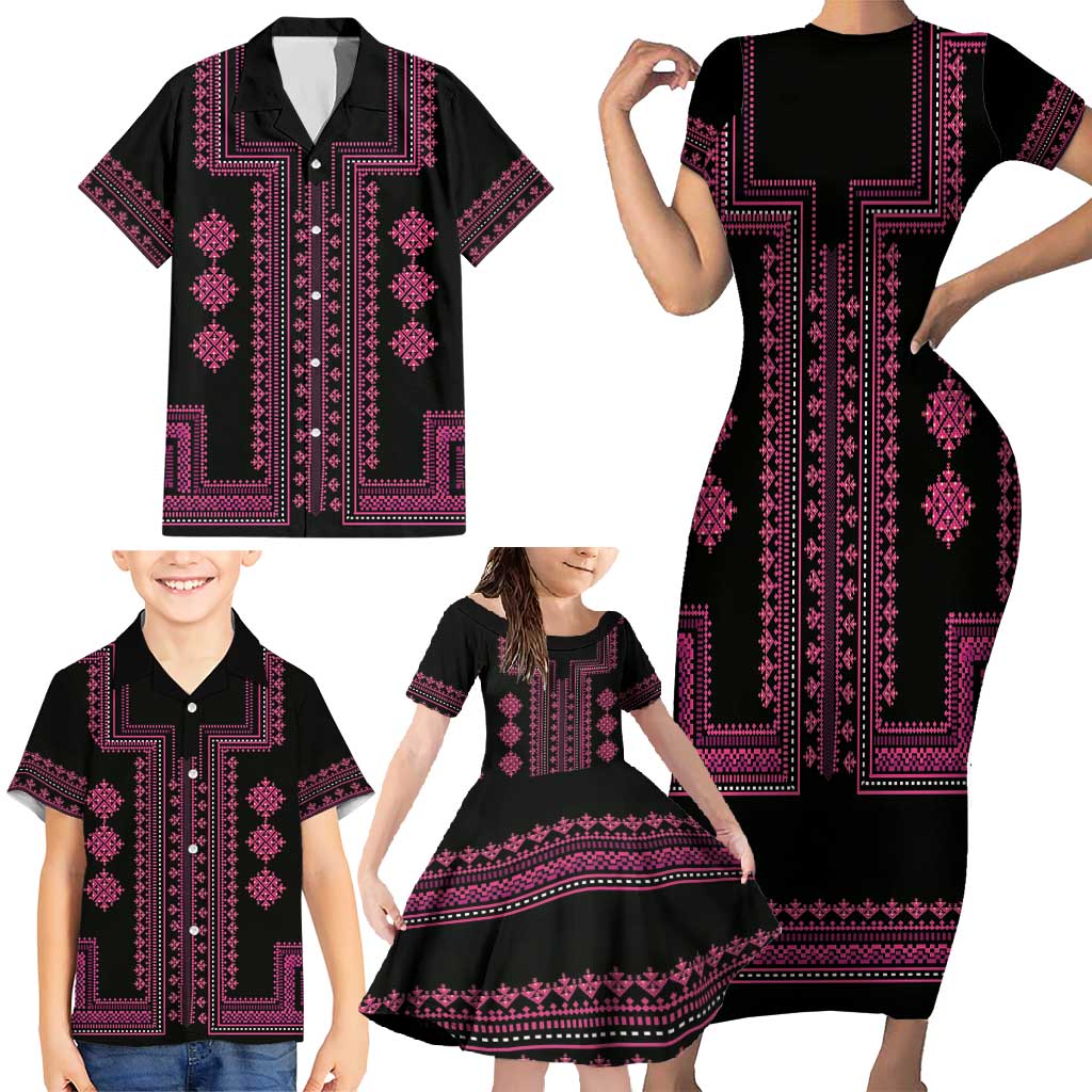 Bulgaria Traditional Pattern Pink Family Matching Short Sleeve Bodycon Dress and Hawaiian Shirt Balkan Culture - Wonder Print Shop