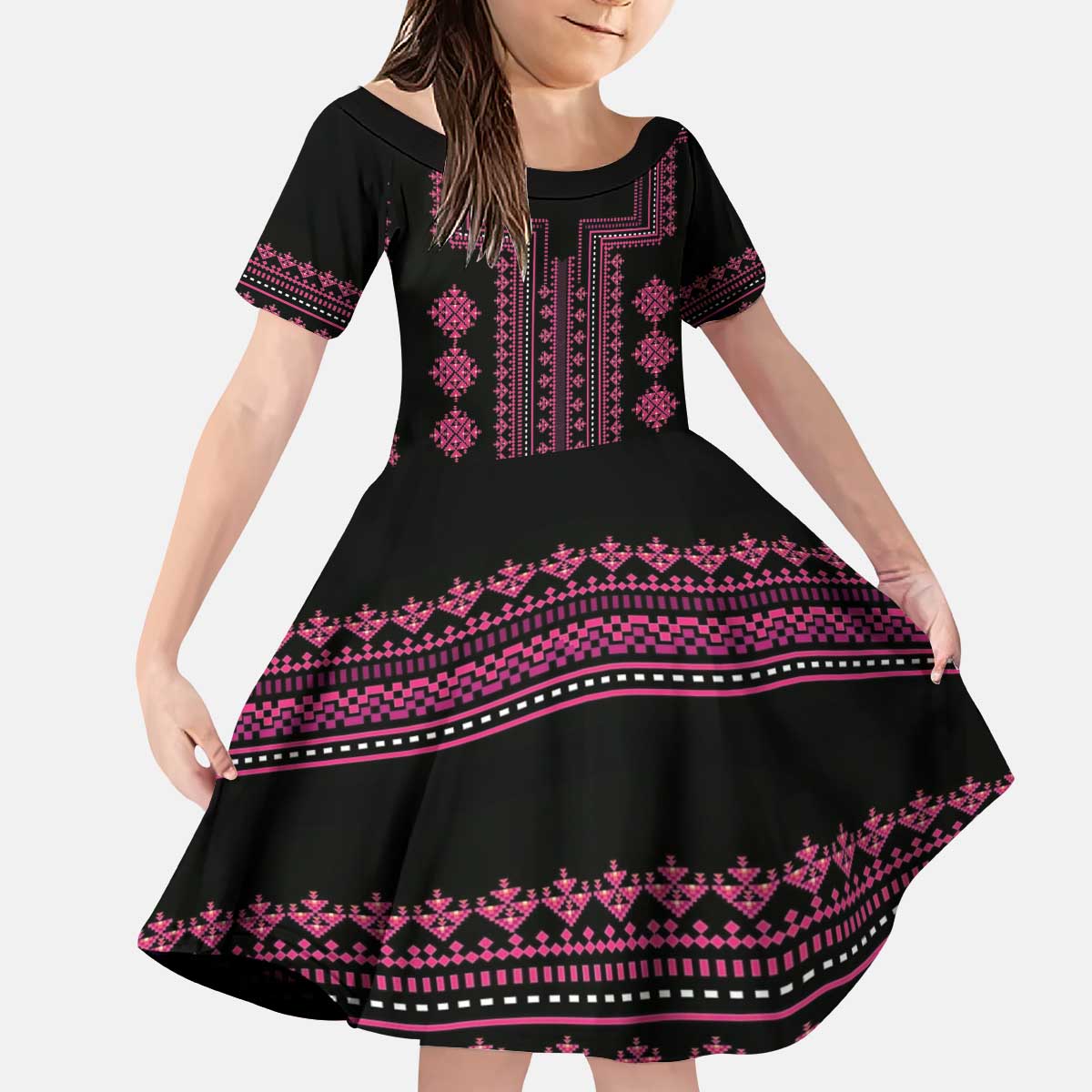 Bulgaria Traditional Pattern Pink Kid Short Sleeve Dress Balkan Culture - Wonder Print Shop