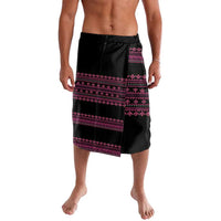 Traditional patterned lavalava wrap skirt front view, black with pink geometric bands