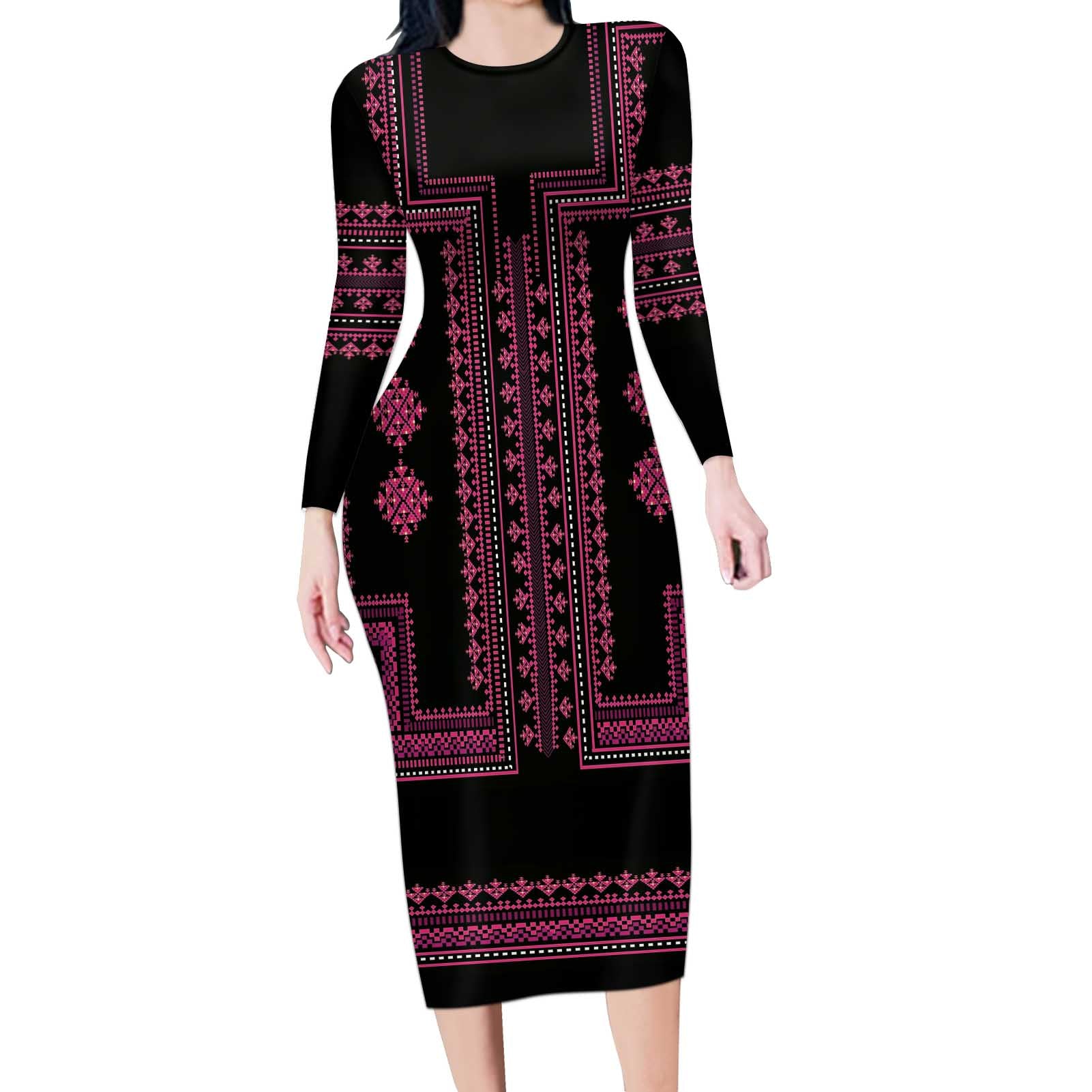 Bulgaria Traditional Pattern Pink Long Sleeve Bodycon Dress Balkan Culture - Wonder Print Shop