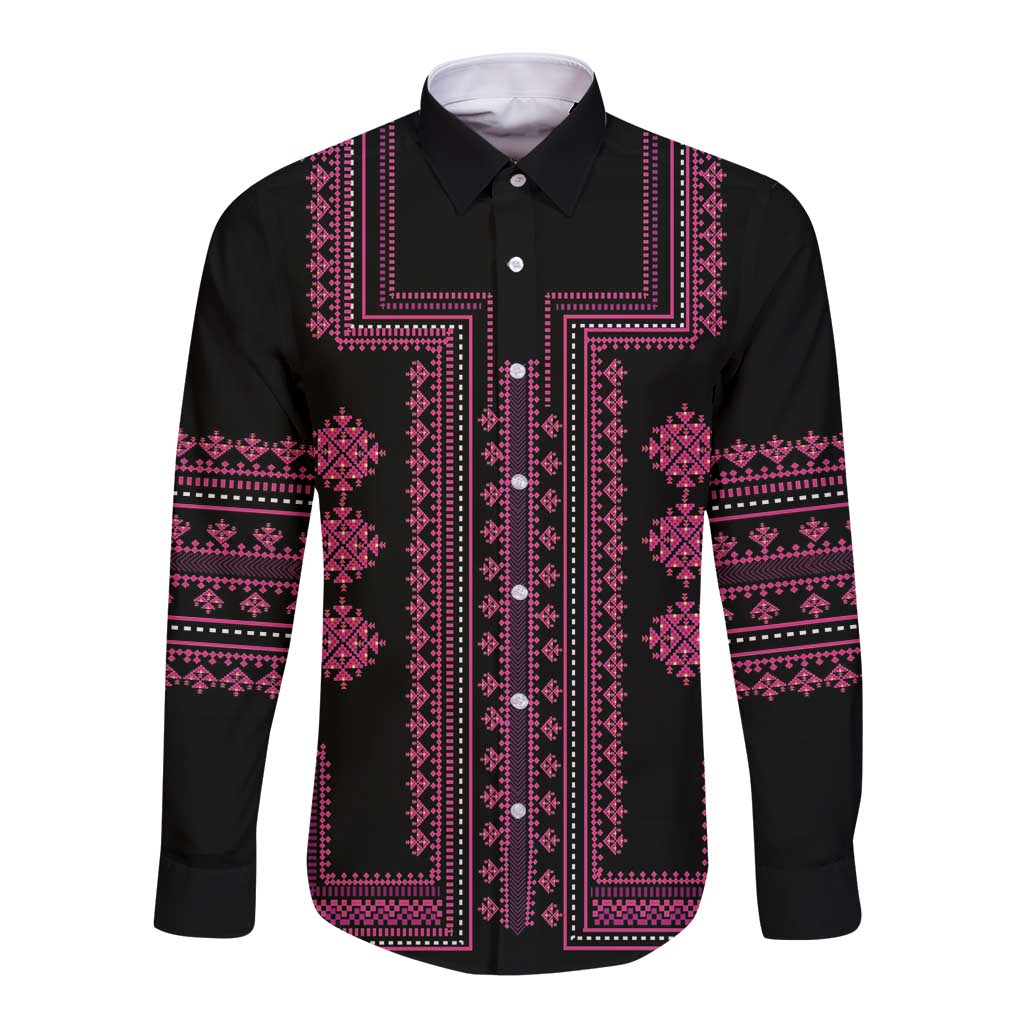 Black long-sleeve button shirt with pink geometric Balkan-style pattern trim