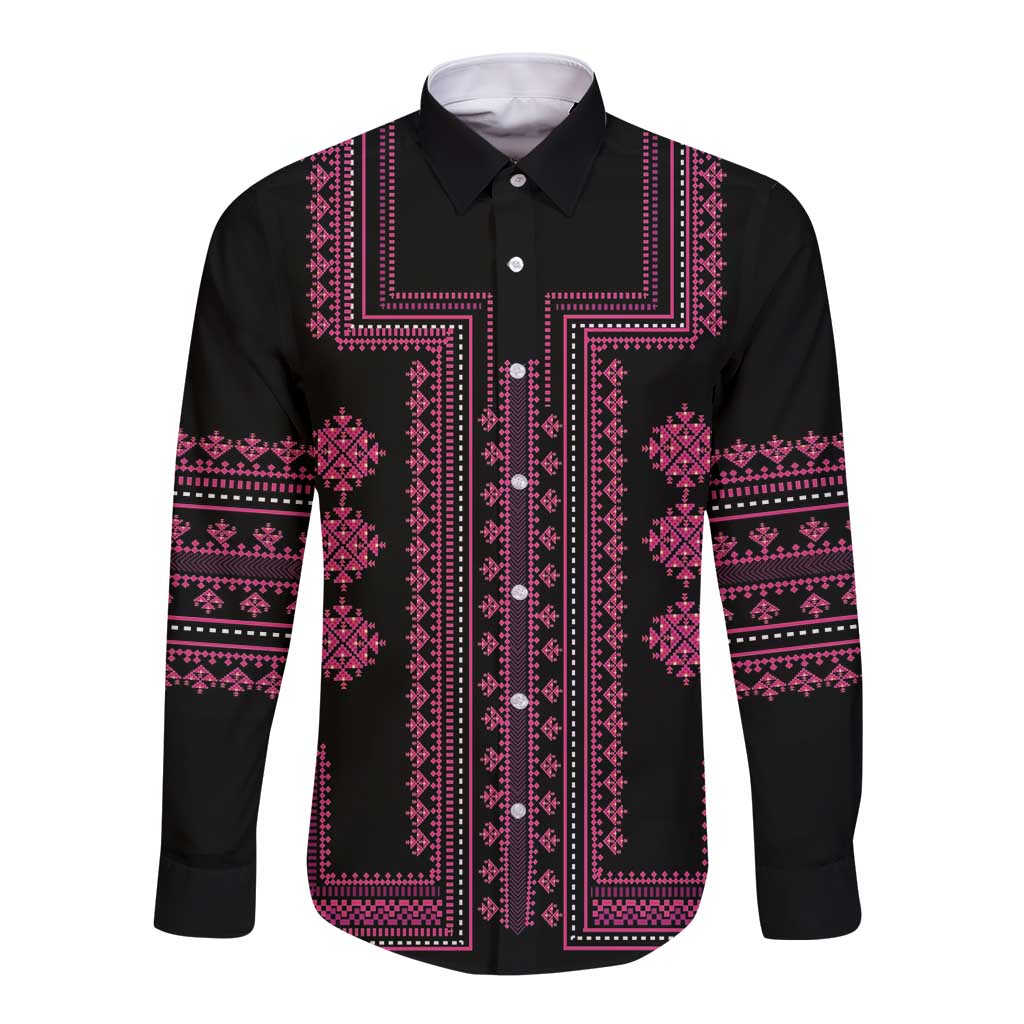 Bulgaria Traditional Pattern Pink Long Sleeve Button Shirt Balkan Culture - Wonder Print Shop