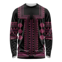 Black long sleeve shirt with pink traditional geometric embroidered pattern, crew neck