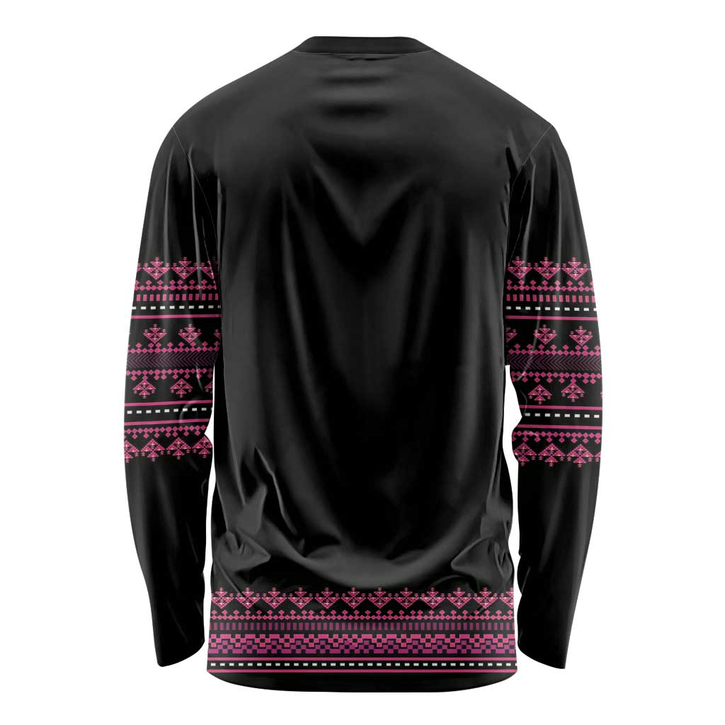 Black long sleeve shirt back view with pink geometric band at hem and cuffs