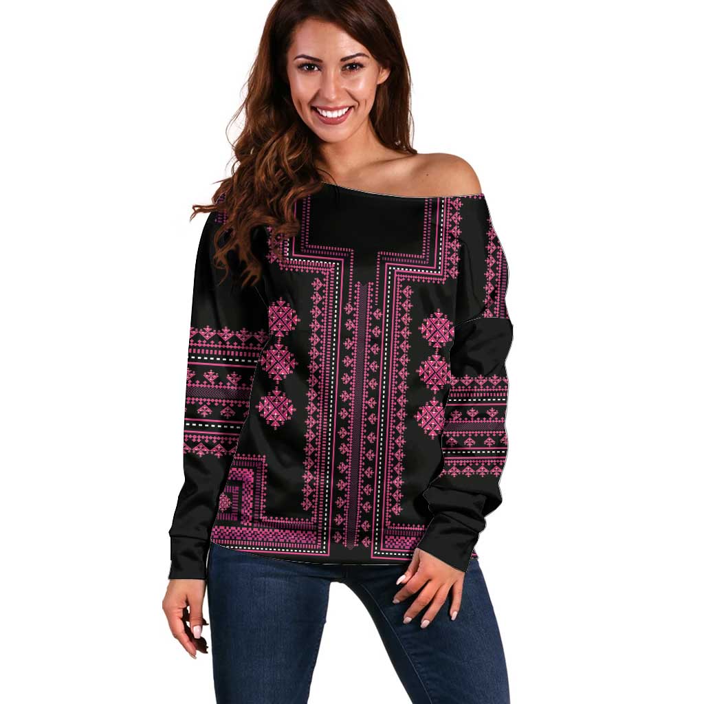 Bulgaria Traditional Pattern Pink Off Shoulder Sweater Balkan Culture - Wonder Print Shop