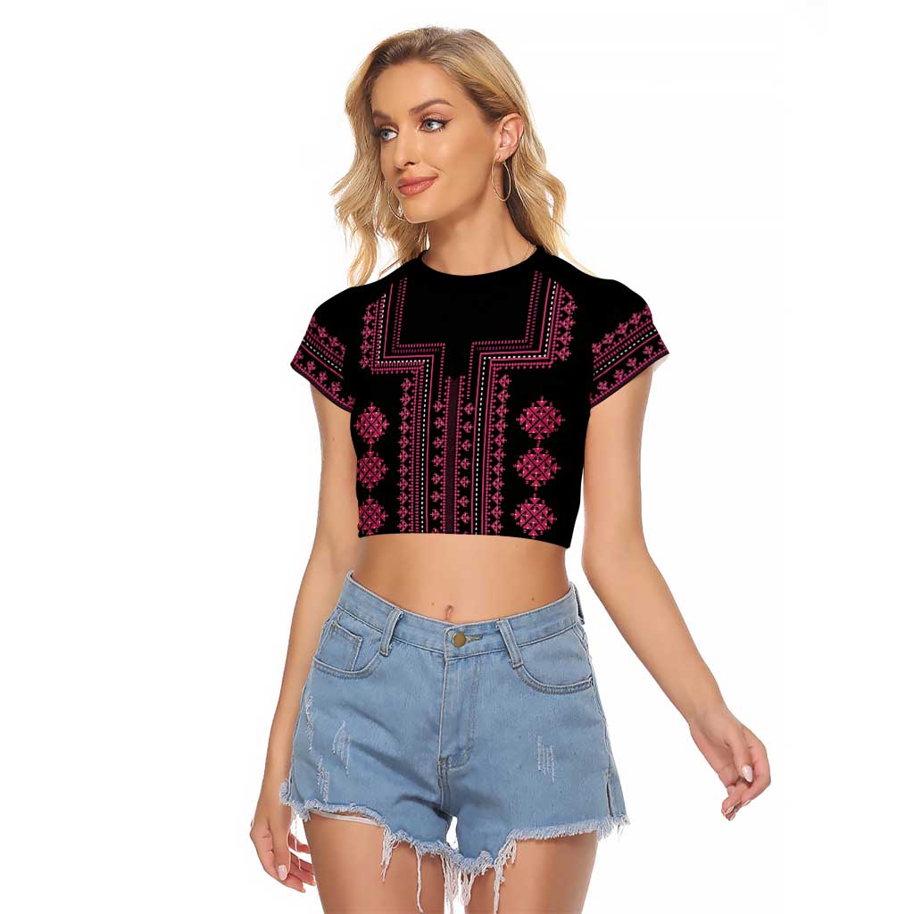 Bulgaria Traditional Pattern Pink Raglan Cropped T Shirt Balkan Culture - Wonder Print Shop