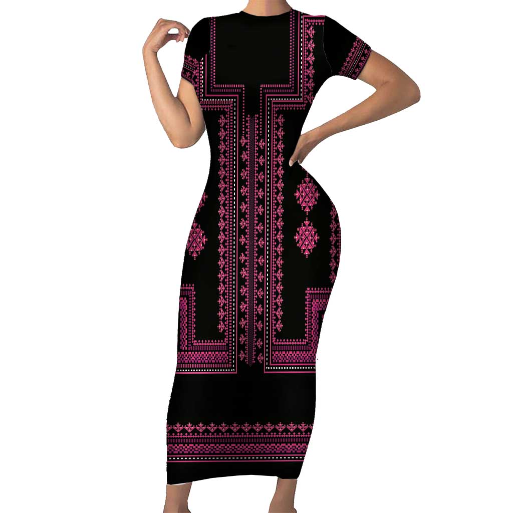 Bulgaria Traditional Pattern Pink Short Sleeve Bodycon Dress Balkan Culture - Wonder Print Shop