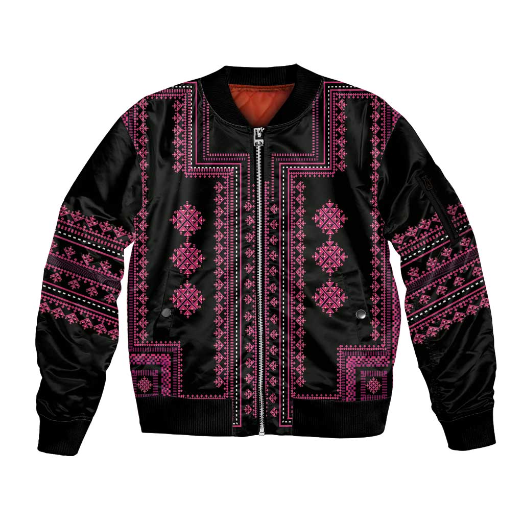 Bulgaria Traditional Pattern Pink Sleeve Zip Bomber Jacket Balkan Culture - Wonder Print Shop