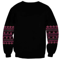 Black unisex sweatshirt back with pink patterned sleeve bands and ribbed cuffs