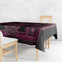 Geometric patterned tablecloth in black with magenta and pink accents