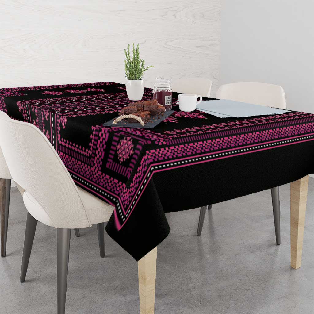 Black and magenta geometric tablecloth with decorative edge trim