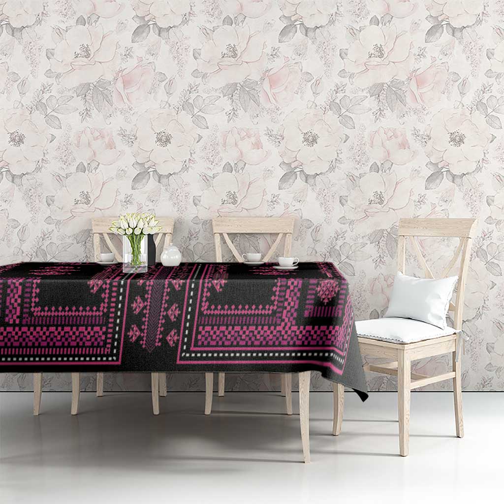 Black traditional pattern tablecloth with magenta and pink geometric motif