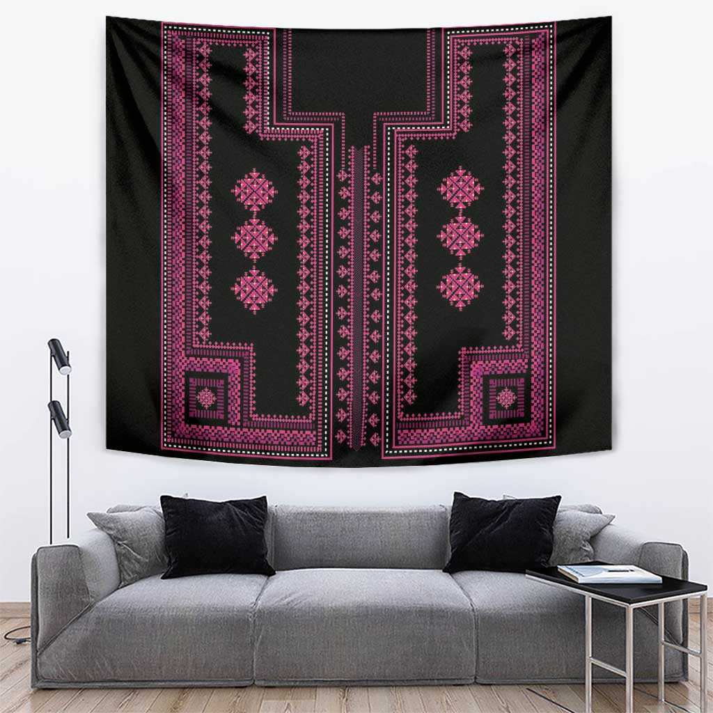 Black tapestry with bright pink geometric border and central vertical ornamental motifs.