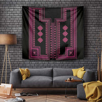 Black tapestry with hot pink geometric frame, diamond pendants, and symmetrical center stripe.