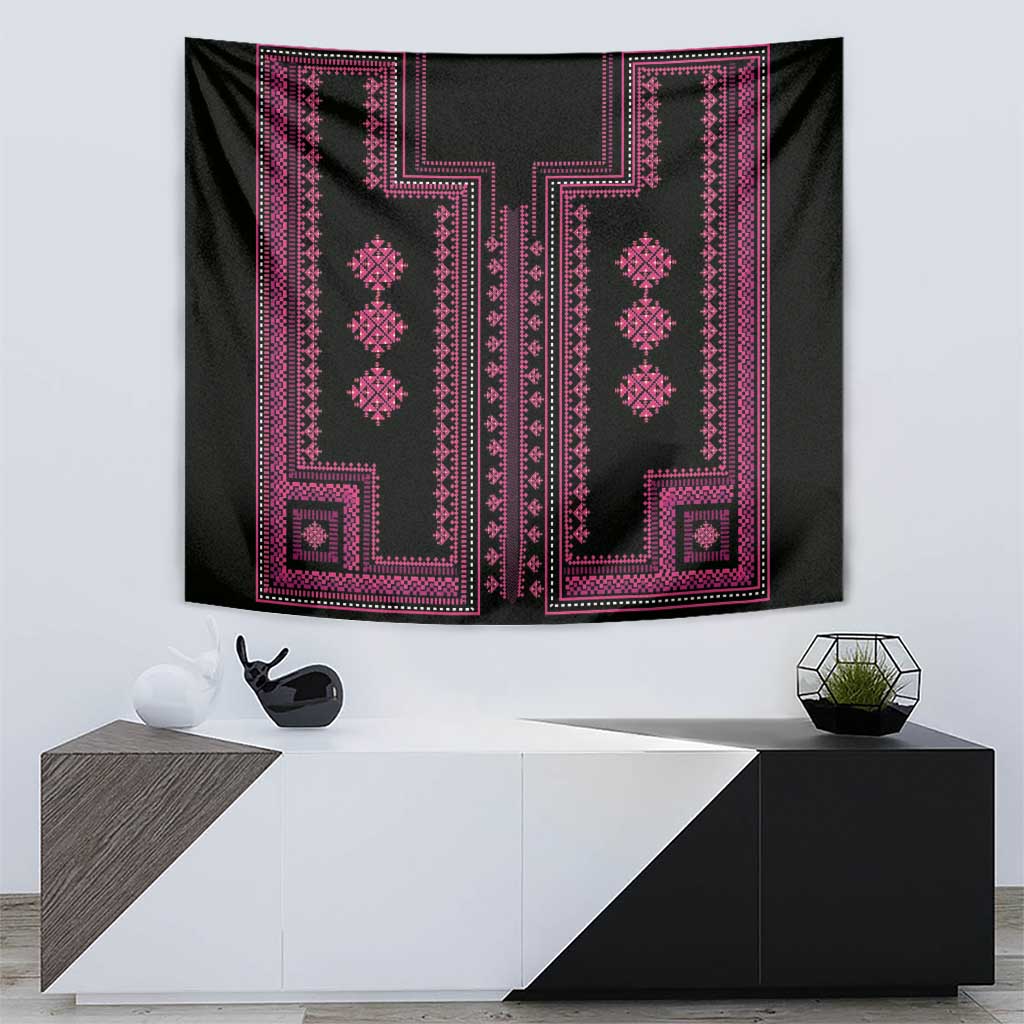 Black tapestry with symmetrical pink ornamental columns and corner square motifs in border.