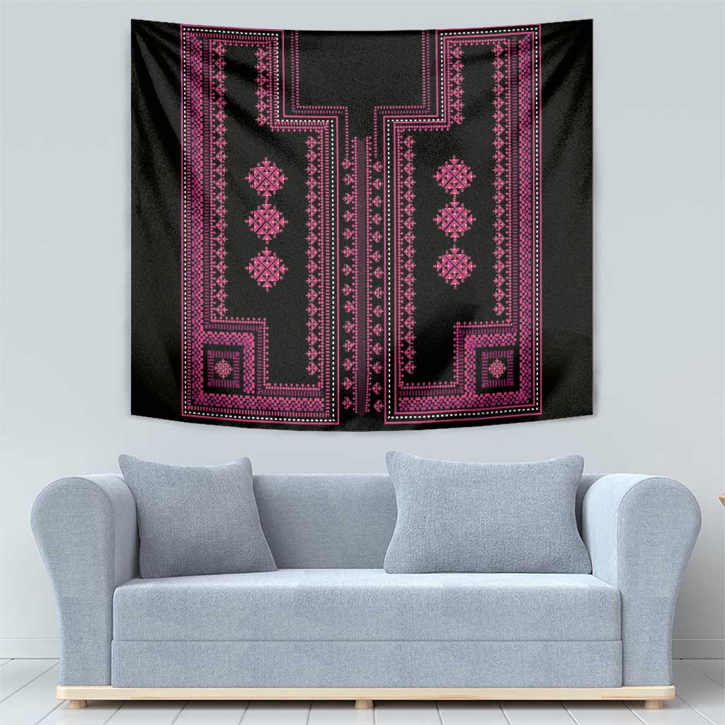 Black wall tapestry with magenta-pink geometric panels and repeating diamond accents.