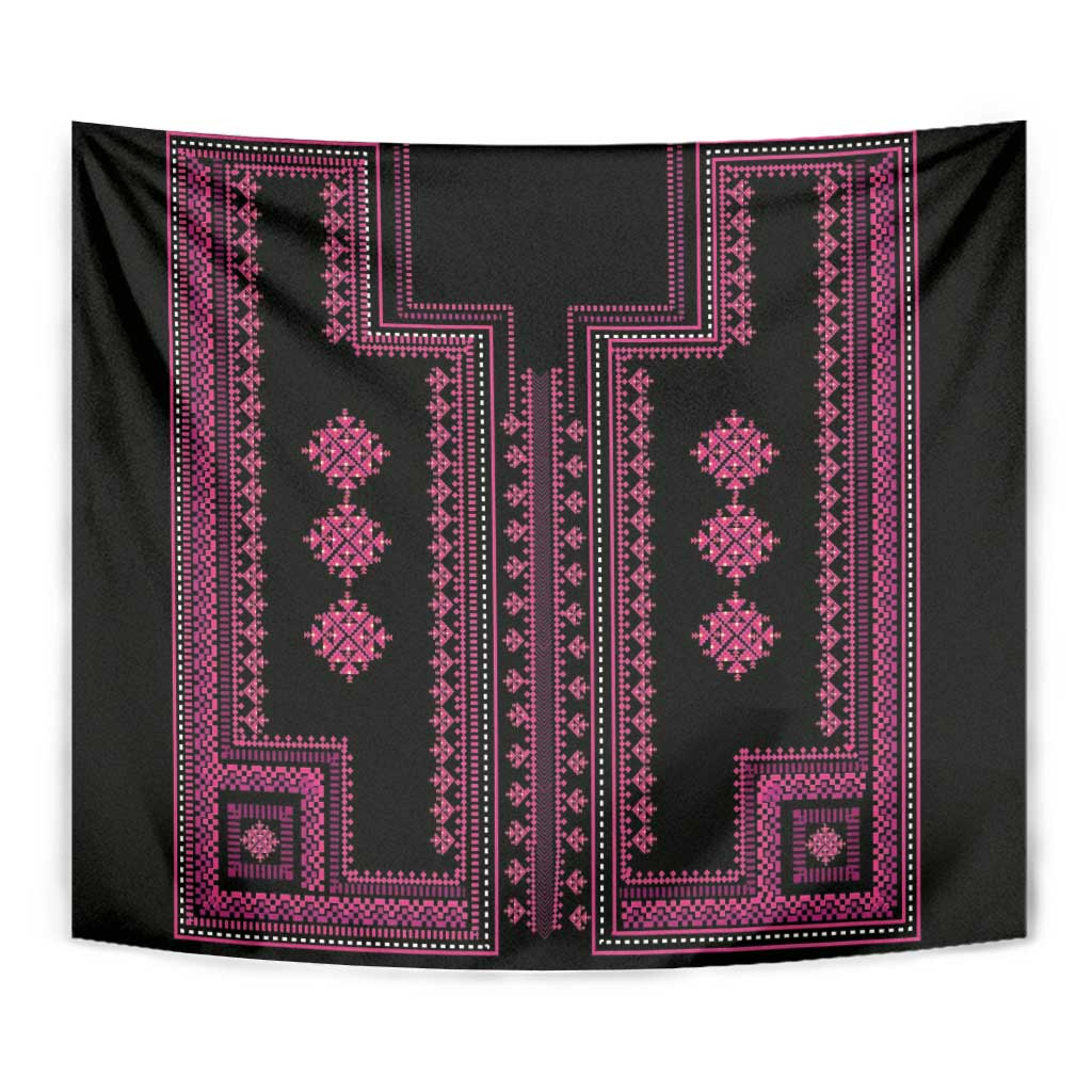 Black tapestry with vivid pink patterned borders and central vertical medallion shapes.