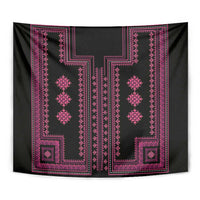 Black tapestry with vivid pink patterned borders and central vertical medallion shapes.