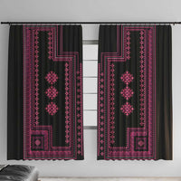 Two traditional curtains displayed side by side: black background with pink vertical patterns.