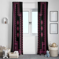 Pair of traditional window curtains, black fabric with pink patterned vertical panels.