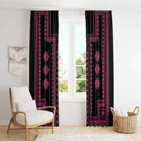 Traditional window curtains with black base and bright pink geometric embroidery details.