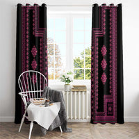 Traditional window curtains with black fabric and pink patterned trim, hanging from the rod.