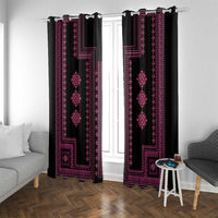 Traditional window curtain pair: black fabric with pink geometric motifs and framed borders.
