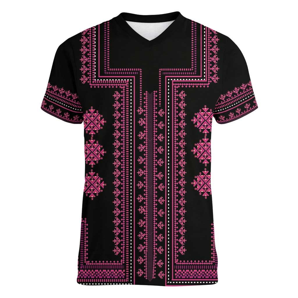 Bulgaria Traditional Pattern Pink Women V-Neck T-Shirt Balkan Culture - Wonder Print Shop