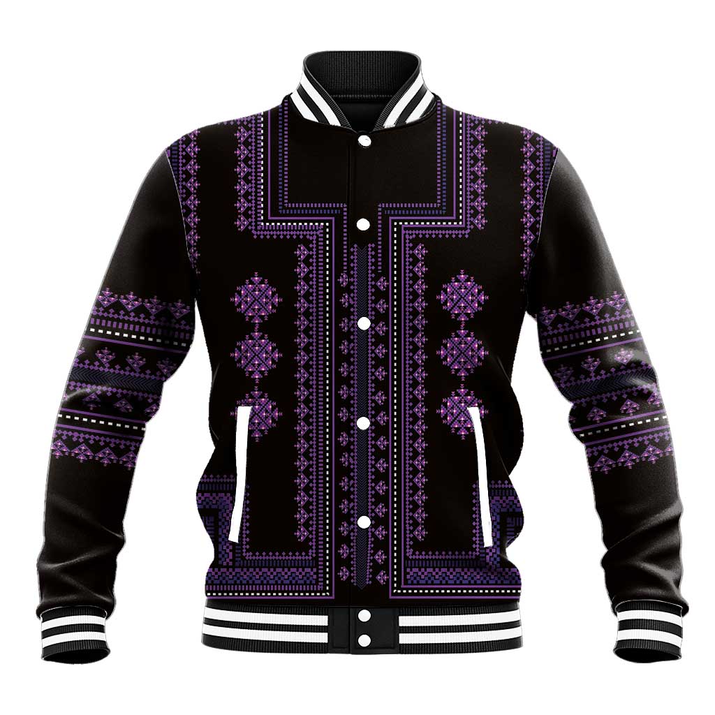 Black varsity baseball jacket with purple geometric trim, snap front and striped ribbed collar