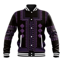 Black varsity baseball jacket with purple geometric trim, snap front and striped ribbed collar