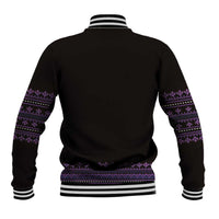 Back of black baseball jacket with purple geometric bands and striped ribbed hem